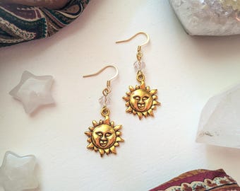 Gold Sun Earrings, Sunburst Earrings, Whimsical Dangle Earrings, Whimsigoth Earrings, Celestial Earrings, Boho Hippie Jewelry, Bohemian