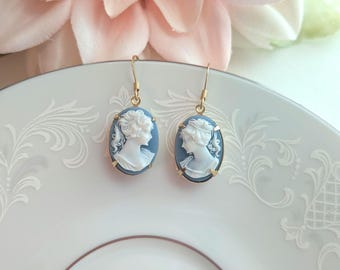 Blue Cameo Earrings, Victorian Style Cameo Earrings, Rococo Earrings, Baroque Earrings, Coquette Jewelry