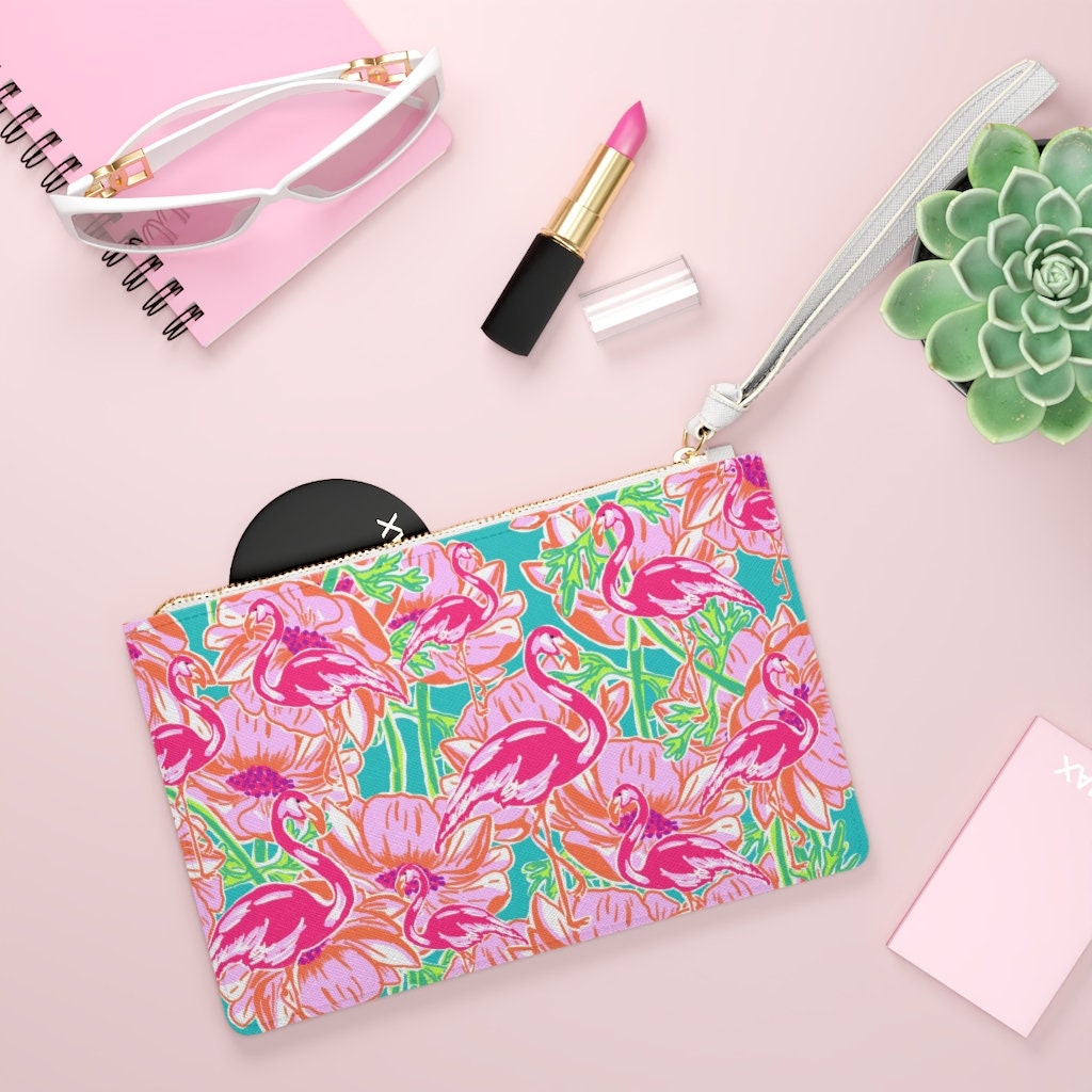 Pink Flamingos & Flowers Zip Top Clutch Bag, Tropical Flamingo Print