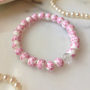 Pink Floral Chinoiserie Bracelet, Ceramic Flower Bead Stretch Bracelet, Asian Floral Jewelry, Coquette Jewelry, Cottagecore, Kawaii Bracelet