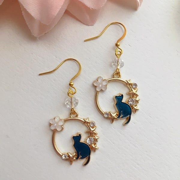 Floral Cat Earrings, Cat Lovers Earrings, Crystal Cat Earrings, Cute Cat Dangle Earrings, Cat Mom Gifts, Celestial Cat Earrings