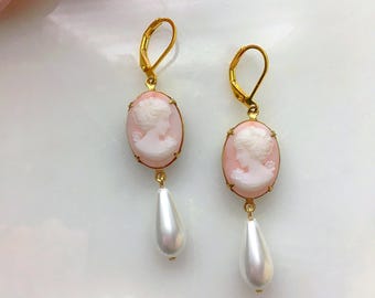 Pink Cameo Pearl Earrings, Victorian Style Cameo Earrings, Rococo Earrings, Vintage Pearl Drop Earrings, Baroque Earrings