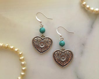 Herz Concho Ohrringe, Westliche Türkis Ohrringe, Boho Hängeohrringe, Südwestern Ohrringe, Sonnenblumenohrringe, Sterling, Rodeo Ohrringe