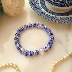 Blue and White Chinoiserie Bracelet, Ginger Jar Bead Bracelet, Blue Porcelain Bamboo Bead Bracelet, Porcelain Grandmillennial Bracelet