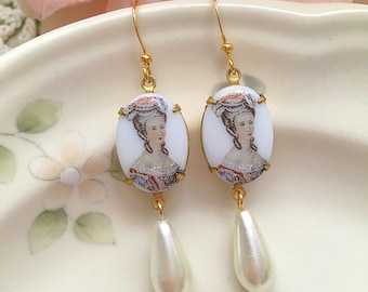 Marie Antoinette Earrings, Vintage Pearl Drop Earrings, French Baroque Earrings, Rococo Earrings, Lady Portrait Earrings, Antique Style