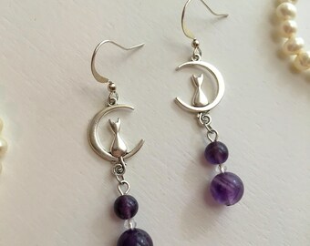 Cat Crescent Moon Earrings with Amethyst Accents, Fairycore Dangle, Celestial Jewelry, Witchy Earrings