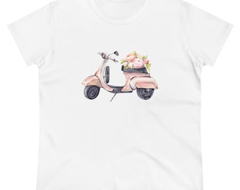 Pink Retro Vespa Print Women's Cotton Tee, Italian Vespa Shirt, Vintage Italy Theme Retro Scooter T-Shirt, Floral Vespa Print Shirt