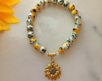 Porcelain Sunflower Bead Bracelet, Bohemian Hippie Jewelry, Boho Sunflower Bracelet, Sunflower Jewelry, Sunflower Charm Bracelet