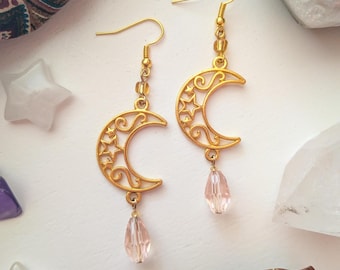 Crescent Moon Dangle Earrings, Pink Fairycore Earrings, 90s Whimsigoth Jewelry, Witchy Earrings