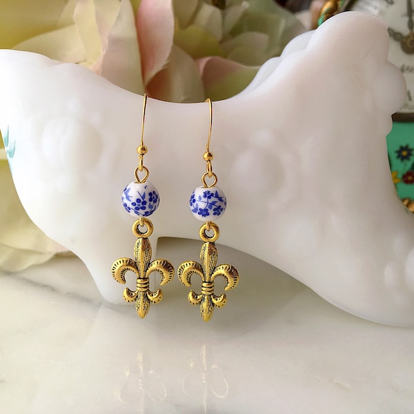 Handmade Blue Floral Chinoiserie Fleur de Lis Earrings, Vintage French Style Drop Earrings, 18th Century Baroque Rococo Jewelry