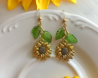 Gold Sunflower Earrings, Fairycore Earrings, Green Leaf Dangle Earrings, Whimsigoth Earrings, Floral Earrings, Cottagecore Earrings