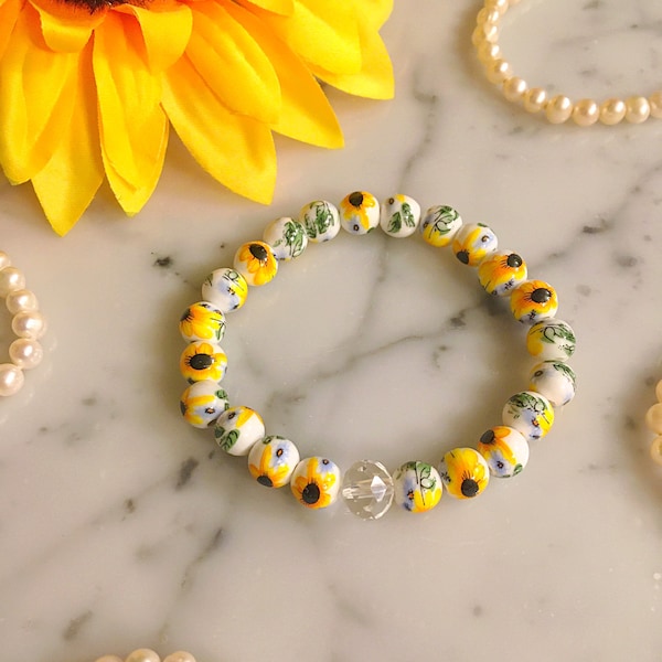 Porcelain Sunflower Bead Bracelet, Floral Chinoiserie Stretch Bracelet, Ceramic Sunflower Bracelet, Sunflower Jewelry, Vintage Flowers