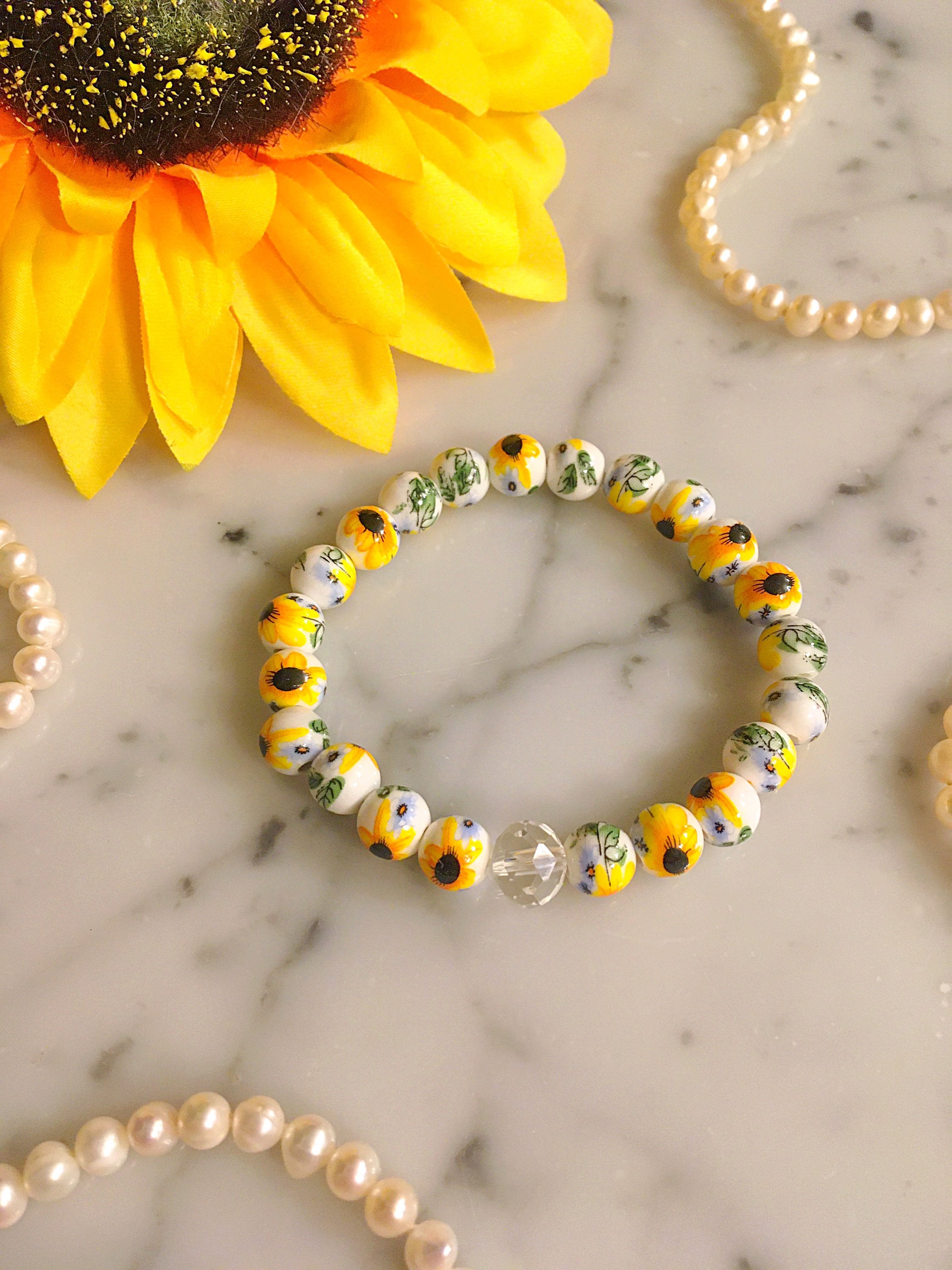 Porcelain Sunflower Bead Bracelet Floral Chinoiserie Stretch Bracelet Ceramic Sunflower Bracelet Sunflower Jewelry Vintage Flowers