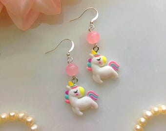 Unicorn Earrings, Pink Unicorn Earrings, Pastel Cutecore Earrings, Kawaii Earrings, Rainbow Unicorn Earrings
