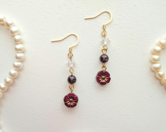 Floral Whimsigoth Earrings, 90s Witchy Earrings, Boho Jewelry, Red Flower Drop Earrings