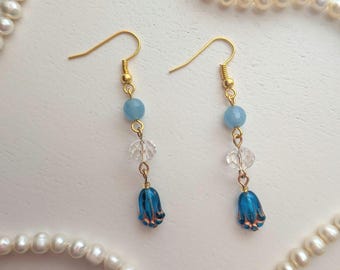 Floral Whimsigoth Drop Earrings, Blue Flower Earrings, Fairycore Jewelry, 90s Witchy Earrings