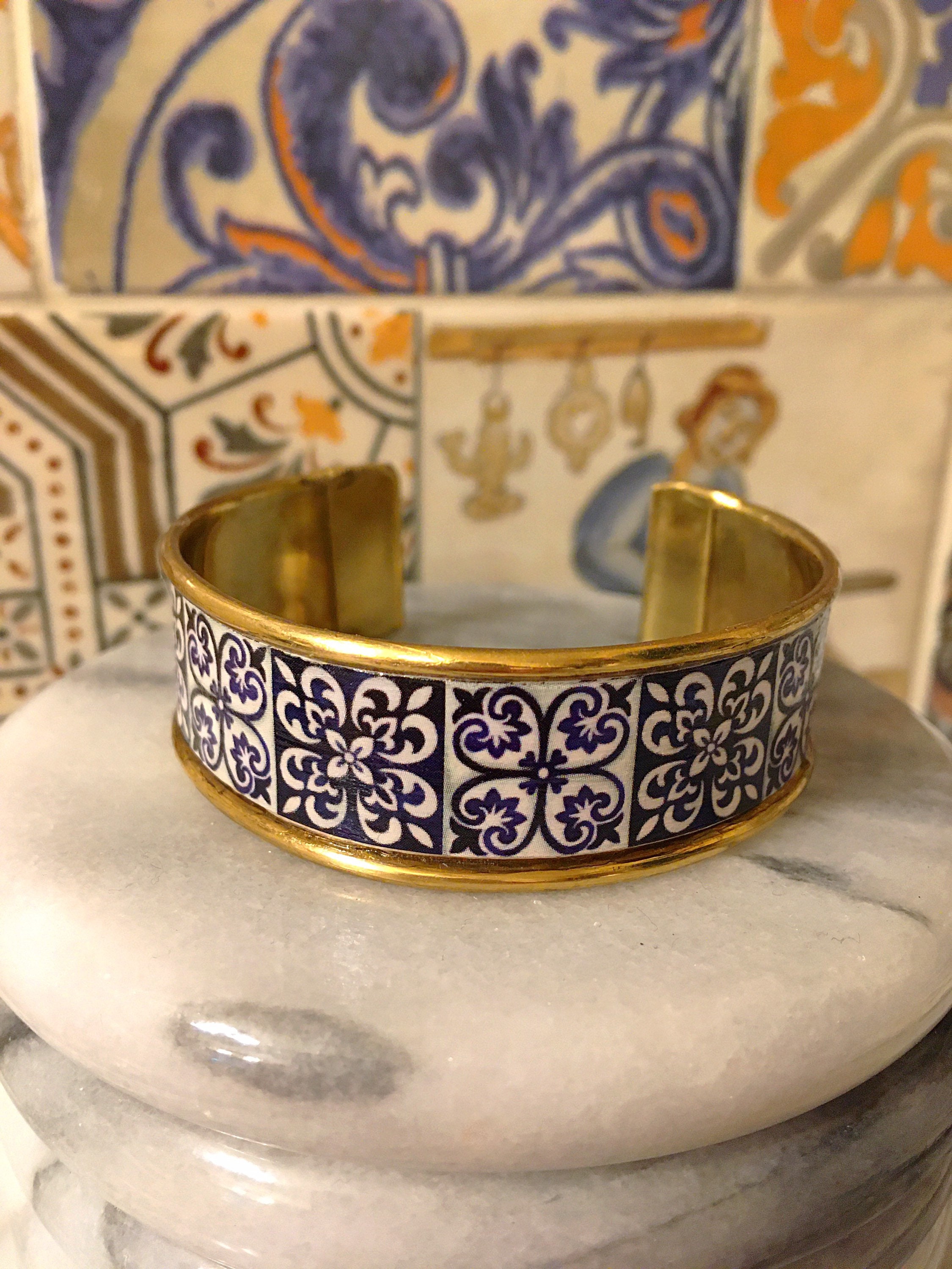 Blue and White Majolica Tile Cuff Bracelet, Italian Tiles Cuff Bracelet