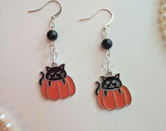 Black Cat Earrings, Cat in Pumpkin Earrings, Halloween Earrings, Autumn Fall Jewelry, Whimsical Jewelry, Tourmaline, Drop Dangle Earrings