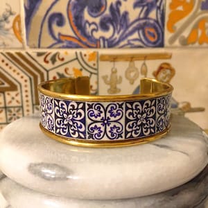 Blue and White Majolica Tile Cuff Bracelet, Italian Tiles Cuff Bracelet, Sicilian Maiolica Bracelet, Baroque Spanish Tiles Enamel Bracelet