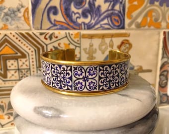 Blue and White Majolica Tile Cuff Bracelet, Italian Tiles Cuff Bracelet, Sicilian Maiolica Bracelet, Baroque Spanish Tiles Bracelet