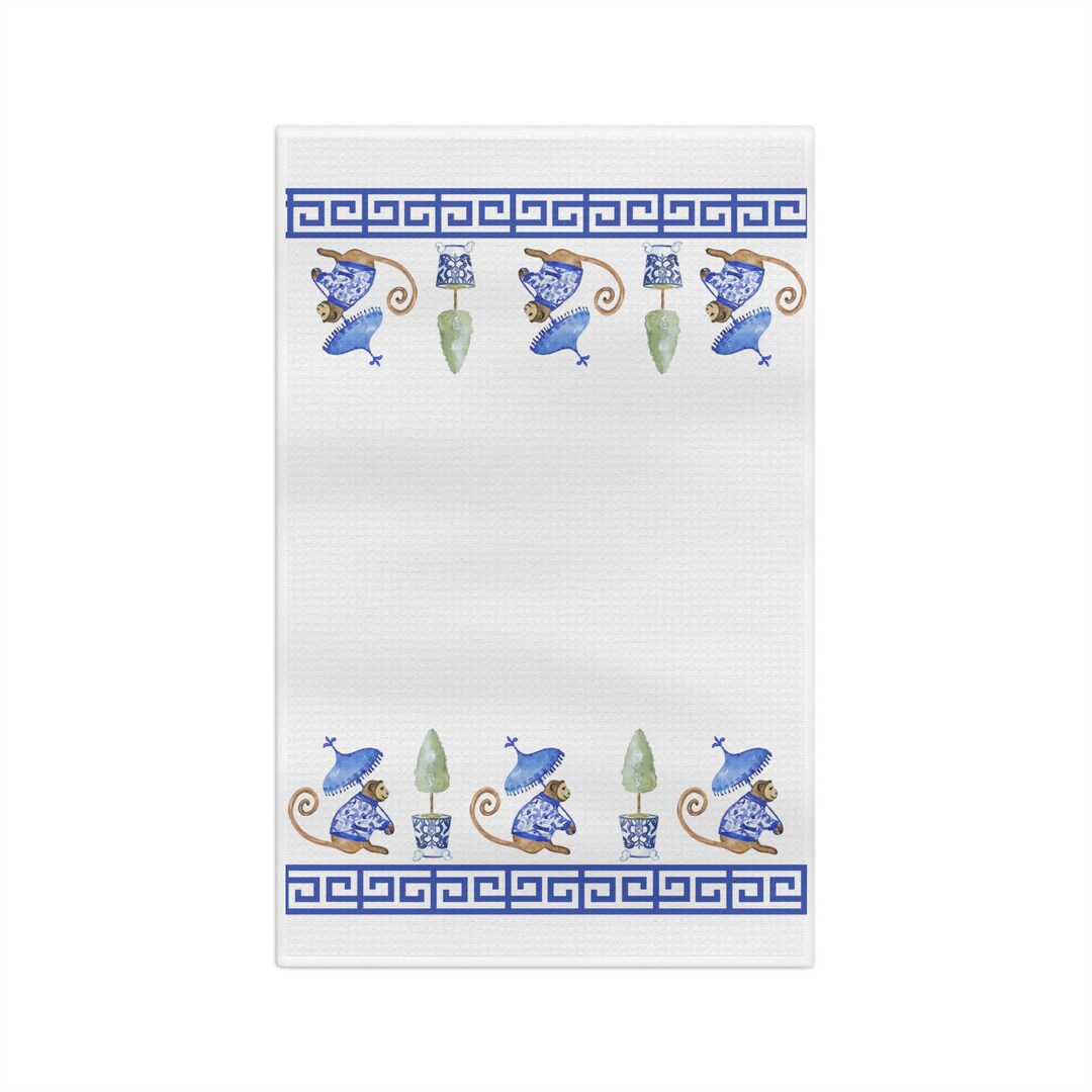 Blue Chinoiserie Towel, Chinoiserie Monkey Towel, Blue and White Hand