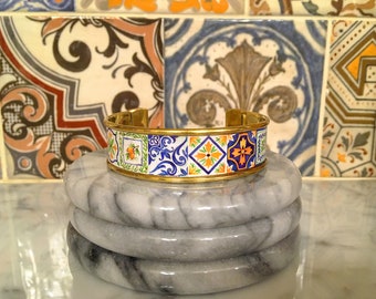 Italian Lemon Tile Cuff Bracelet, Sicilian Majolica Bracelet, Sorrento Lemon Bracelet, Positano Amalfi Coast Style Gold Enamel Cuff Bracelet