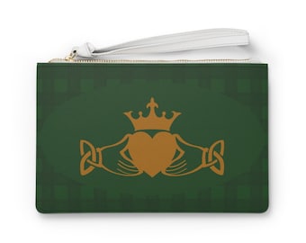 Green Claddagh Clutch Bag, Celtic Zip Top Purse, Green Tartan Bag, Irish Gold Claddagh Heart, Green Plaid Purse