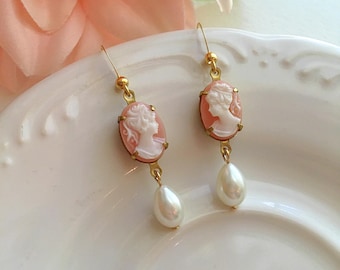 Pink Cameo Earrings, Cameo Pearl Earrings, French Style Pearl Drop Earrings, Vintage Style Cameo Earrings