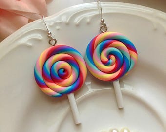 Colorful Lollipop Earrings, Rainbow Lollipop Earrings, Y2K Earrings, Kawaii Earrings, Miniature Food Earrings, Fairy Kei Candy Earrings