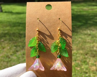 Pink Bell Flower Earrings, Fairycore Earrings, Fairy Earrings, Cottagecore Earrings, Floral Dangle Earrings, Kawaii Earrings