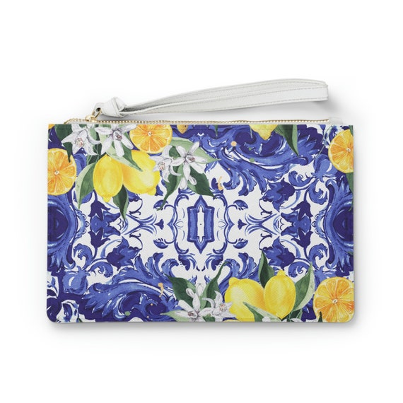 Blue Majolica Tile Clutch Bag Sicilian Lemon Handbag Italian Tile Zip Top Wristlet Santorini Tiles Positano Amalfi Accessory Bag Etsy