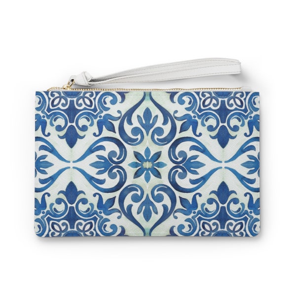 Blue Italian Majolica Clutch Bag, Blue & White Mediterranean Tiles Zip Top Bag, Sicilian Maiolica Purse, Positano Amalfi, Talavera Tile Bag