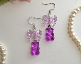Purple Gummy Bear Earrings, Pastel Bow Drop Earrings, Kawaii Cutecore Jewelry, Candy Jewelry