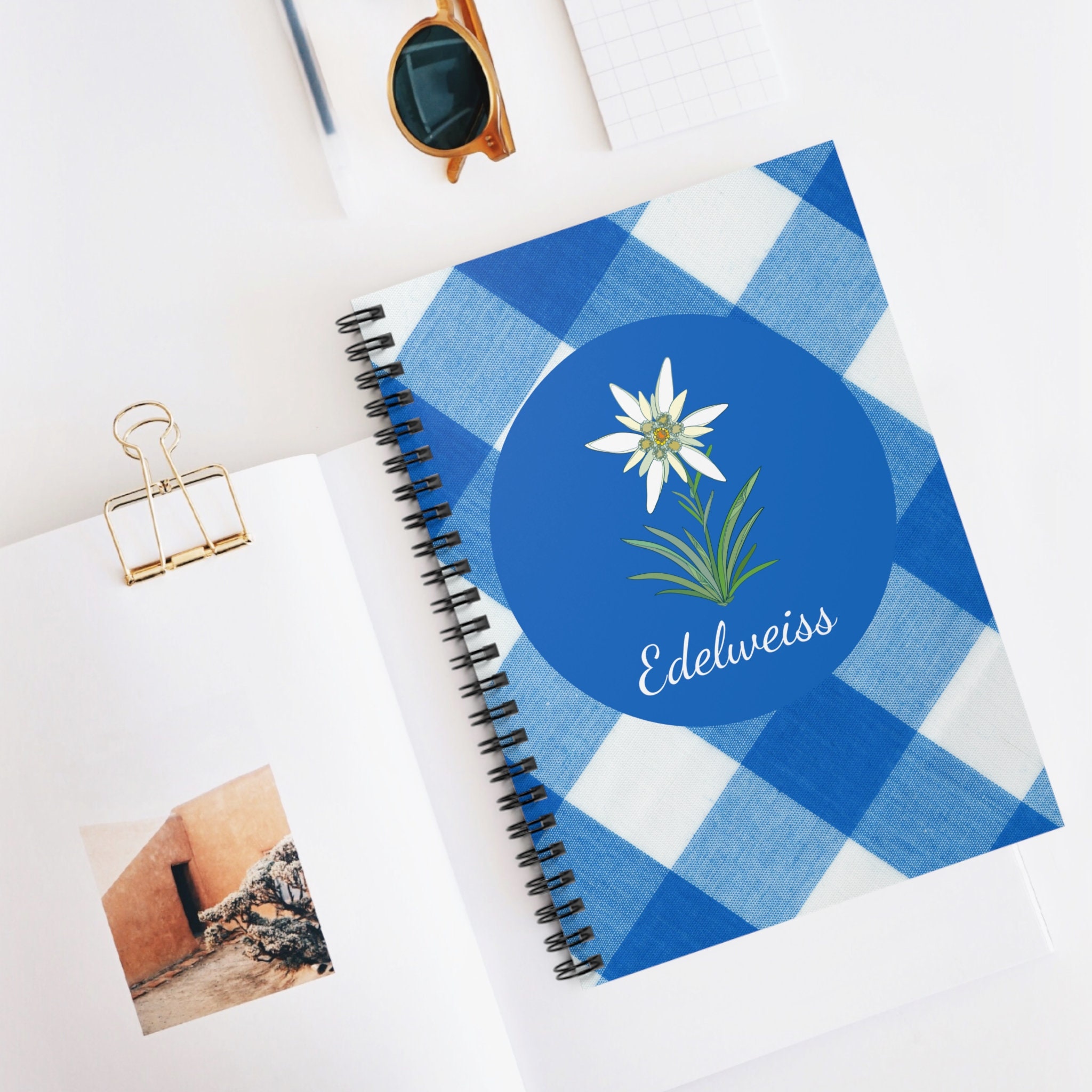 Edelweiss Spiral Notebook, Austrian Blue Check Edelweiss Journal