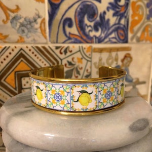 Italian Lemon Tile Cuff Bracelet, Sicilian Majolica Bracelet, Sorrento Lemon Bracelet, Positano Amalfi Coast Style Gold Enamel Cuff Bracelet