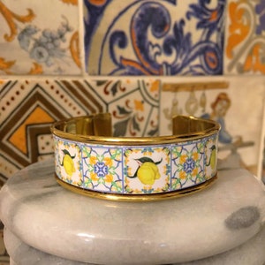 Italian Lemon Tile Cuff Bracelet, Sicilian Majolica Bracelet, Sorrento Lemons Bracelet, Positano Amalfi Coast Style Gold Cuff Bracelet