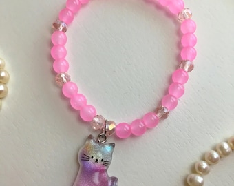 Kawaii Shimmer Purple Cat Bracelet, Cat Lover Bracelet, Pink Cat Bracelet, Pastel Rainbow Cat Accessories, Girly Cat Mom Gifts