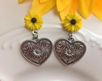 Heart Concho Earrings, Western Sunflower Earrings, Boho Drop Earrings, Southwestern Earrings, Rodeo Earrings, Silver Tooled Metal Earrings
