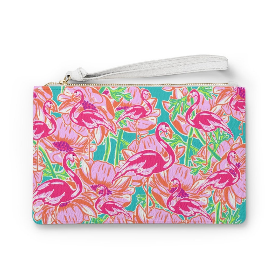 Pink Flamingos & Flowers Zip Top Clutch Bag, Tropical Flamingo Print