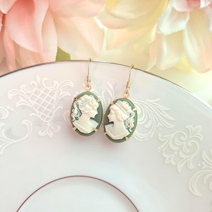 Green Cameo Earrings, Victorian Style Cameo Earrings, Rococo Earrings, Baroque Earrings, Coquette Jewelry