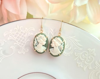 Green Cameo Earrings, Victorian Style Cameo Earrings, Rococo Earrings, Baroque Earrings, Coquette Jewelry