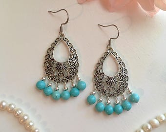 Southwestern Turquoise Teardrop Earrings, Western Drop Earrings, Cowgirl Earrings, Rodeo Jewelry, Boho Hippie Earrings