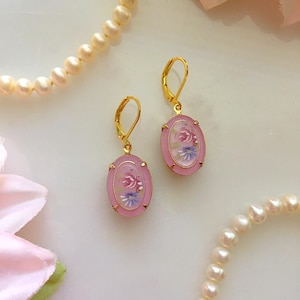 Pastel Pink Floral Earrings, Pink Flower Cameo Earrings, Coquette Earrings
