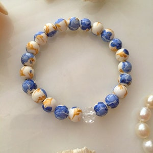 Blue Floral Chinoiserie Bracelet, Ceramic Rose Bead Stretchy Bracelet, Grandmillennial Bracelet, Vintage Style Bracelet