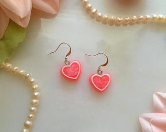 Pink Candy Heart Earrings, Pastel Cutecore Earrings, Kawaii Earrings, Pink Heart Drop Earrings