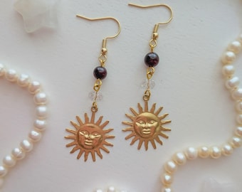 Gold Sun & Moon Dangle Earrings, Celestial Fairycore Style, Boho Hippie Jewelry, Bohemian Earrings