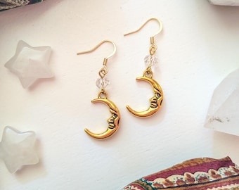 Gold Crescent Moon Dangle Earrings, Celestial Fairycore Style, Boho Hippie Jewelry, Bohemian Earrings, Witchy Earrings