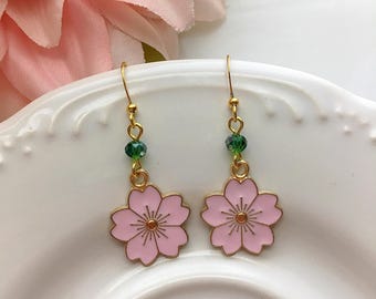 Pink Sakura Dangle Earrings, Green Glass Bead Accent, Japanese Cherry Blossom Jewelry