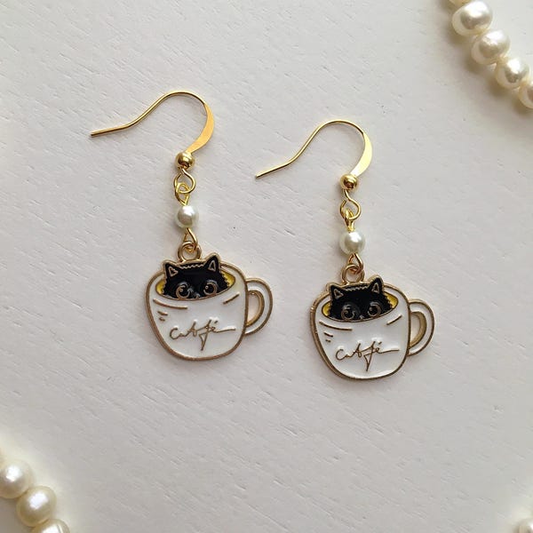 Black Cat in Coffee Cup Earrings, Latte Earrings, Cute Cat Accessories, Cat Mug Earrings, Coffee Cup Earrings, Cat Mom Gifts
