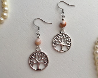 Silver Tree of Life Earrings, Boho Dangle Earrings, Nature Jewelry, Cherry Agate Drop Earrings
